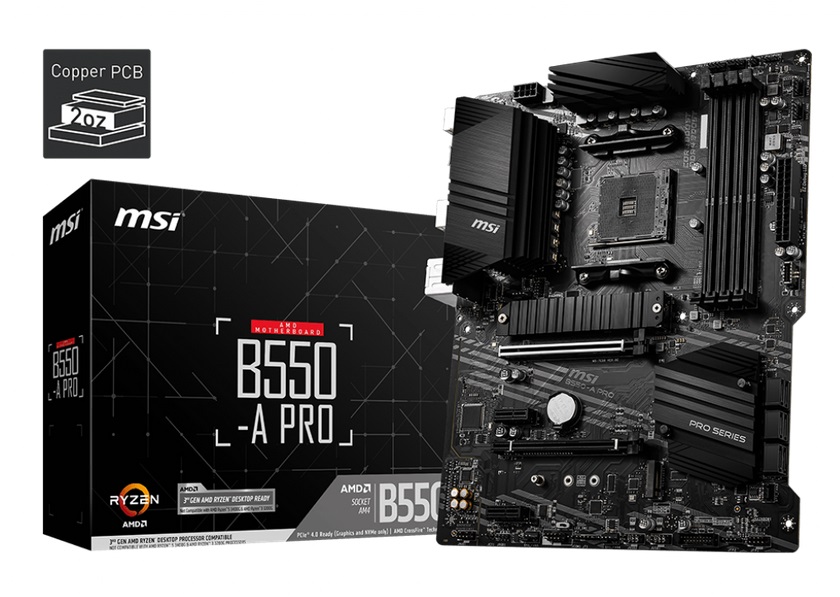  <b>MB B550 ATX:</b> AM4 Socket for AMD Ryzen Processors<BR> 4xDDR4, 2xPCIE, 2xM.2, 6 x SATA 6GB/s, 8 x USB 2.0, 2 x USB 3.2 Gen 2, 5 x USB 3.2 Gen 1, HDMI/DP, Realtek RTL8111H LAN, 6 x HD audio connectors  